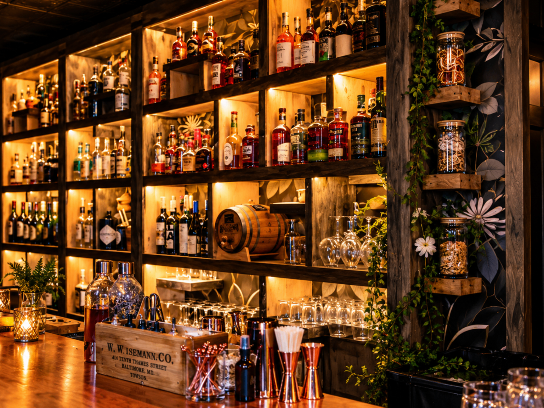 Backlit back bar of whiskey, amaro and house tinctures at färməsē