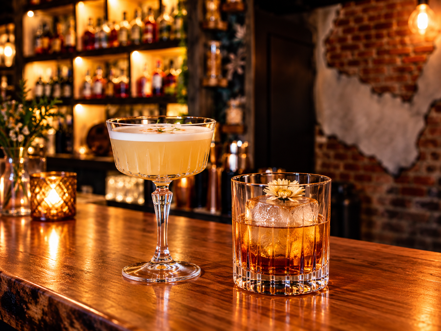 Two artisan cocktails on the polished live-edge bar at färməsē in Asheville