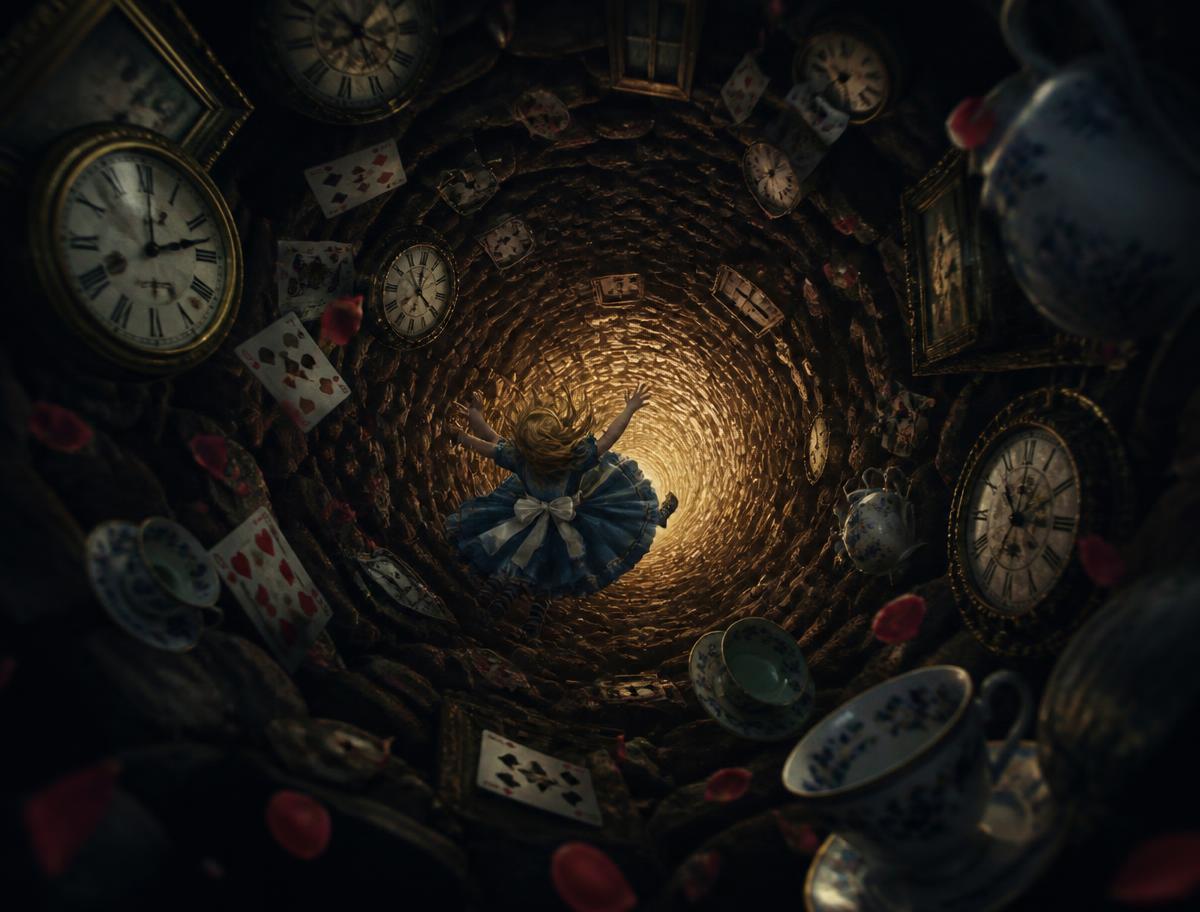 Alice falling through a dark rabbit hole surrounded by clocks, playing cards and teacups