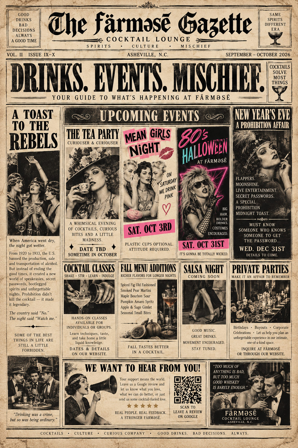 The färməsē Gazette, September–October 2026 issue: upcoming events, cocktail classes, fall menu additions and private parties