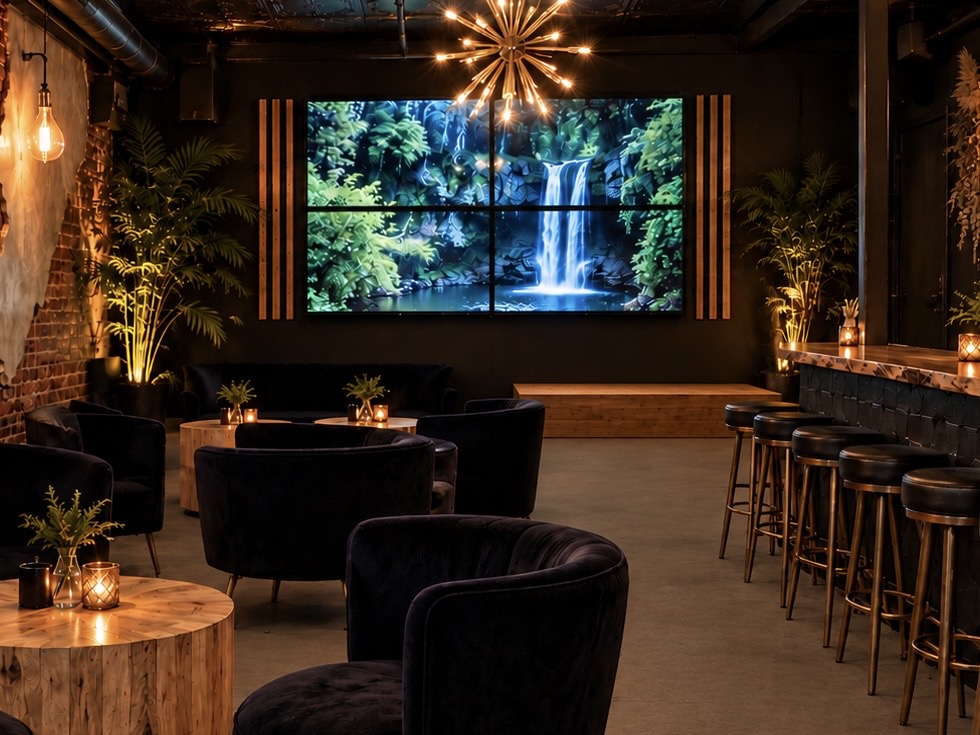 Velvet lounge seating facing the waterfall video wall at färməsē in Asheville